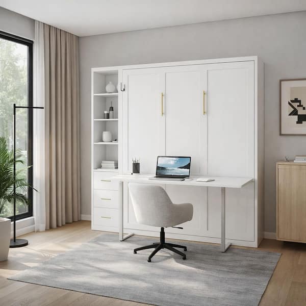 Elena White Wood Frame Queen Size Multifunctional Murphy Bed, Wall Bed with Grey Bed Frame, Desk, Single Side Cabinet