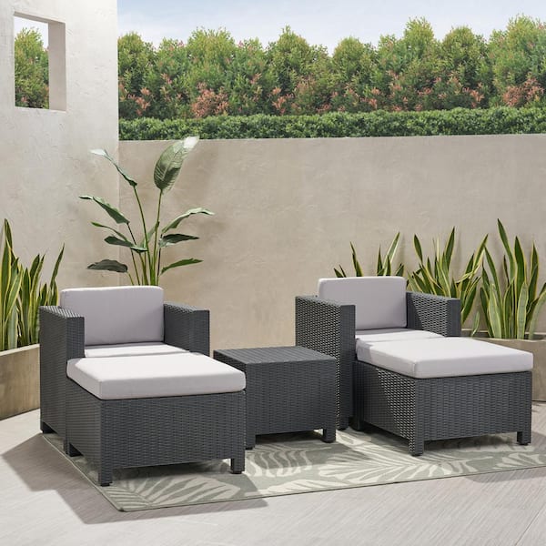 Noble House Waverly Dark Grey 5-Piece Faux Wicker Outdoor Patio Conversation Seating Set with Grey Cushion