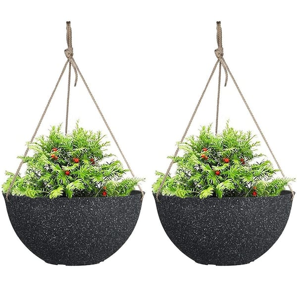 2-Pack Plastic Large Hanging Planters, 13 in. Flower Pots for Outdoor and Indoor, Black