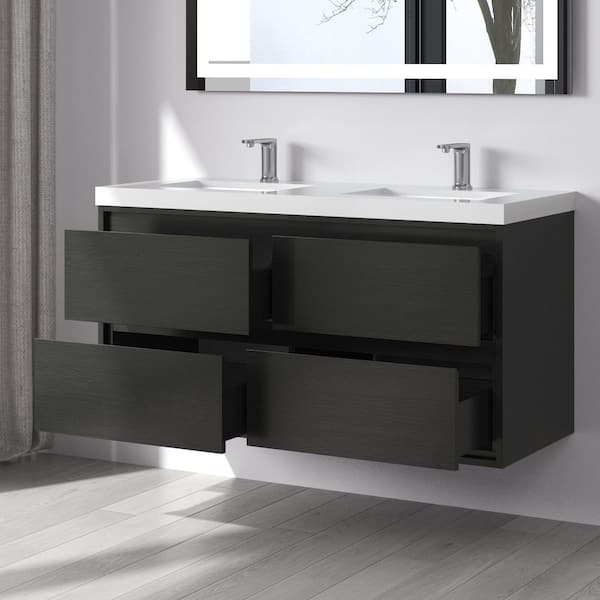 Purus 48 in. W x 20 in. D x 26 in. H Double Sink Wall Mounted Bath Vanity in Black Oak with White Cultured Marble Top