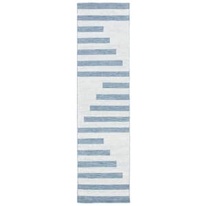 Striped Kilim Ivory Blue 2 ft. X 9 ft. Striped Runner Rug