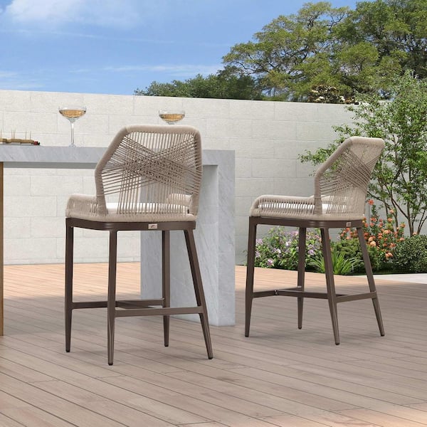 PURPLE LEAF Modern Aluminum Twill Wicker Woven Counter Height Outdoor Bar Stool with Back and Sunbrella White Cushion (2-Pack)