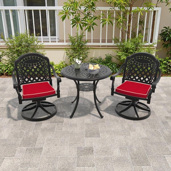 Isabella 3-Piece Cast Aluminum Patio Outdoor Dining Set with Round Dining Table, 2 Swivel Chairs and 2 Red Cushions