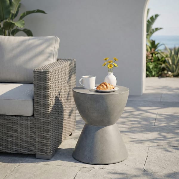 Montreal Gray Round Stone Outdoor Patio Side Table
