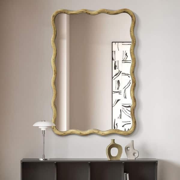 Hochwertiges 24 in. W x 36 in. H Rectangle Natural Wood Framed Wavy Wall Mirror