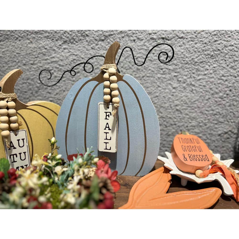 Blue Wood Pumpkin Figurine with Bead Accent for Fall Decor