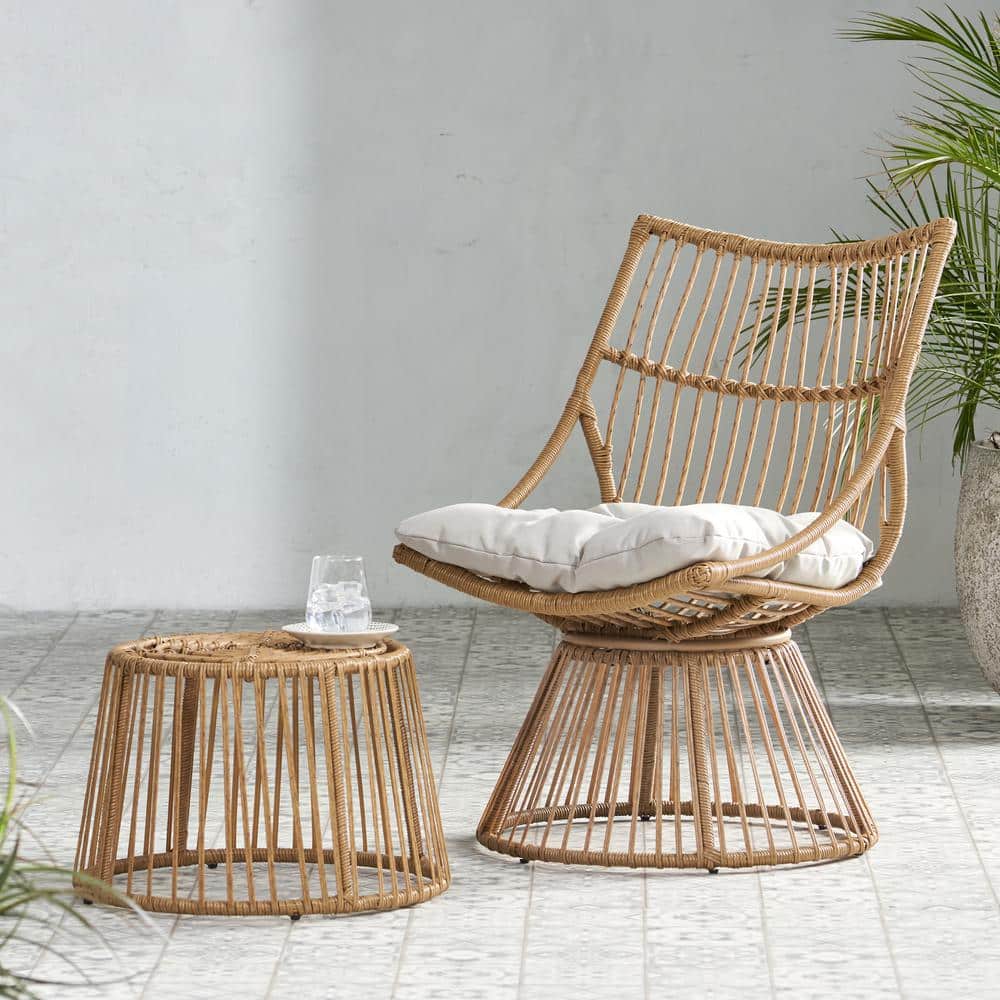 Light Brown Wicker Chair and Round Side Table Set with Weatherproof Cushion