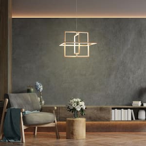 Swane 46-Watt 3-Light Integrated LED Brushed Gold Island Chandelier, Square Hanging Pendant Light, Modern Light Fixture