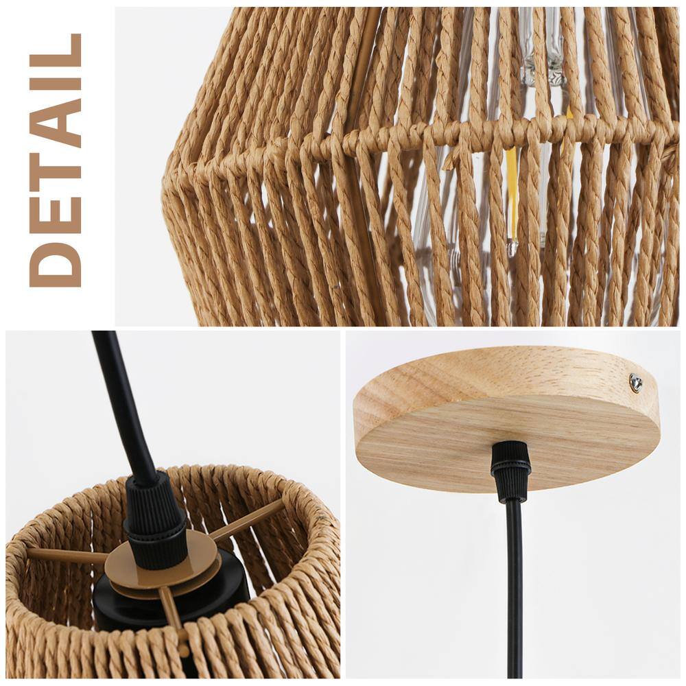 Adjustable Natural Rattan and Wood Pendant Light Set