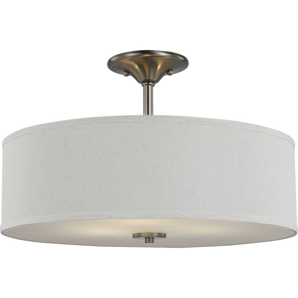 Brushed Nickel 18" Drum Semi-Flush Mount with Off-White Linen Shade