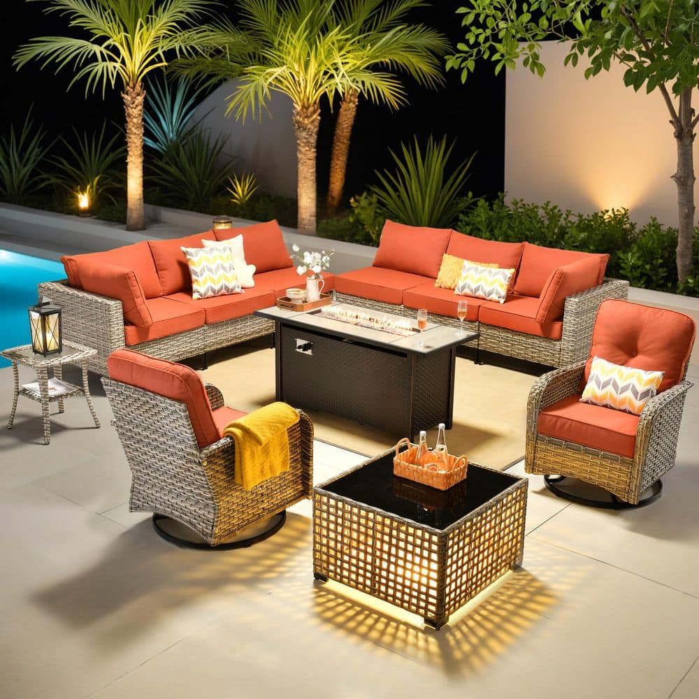 Melly Gray 11-Piece Wicker 54 in. Rectangle Fire Pit Outdoor Sectional Set with Orange Red Cushions and Swivel Chairs