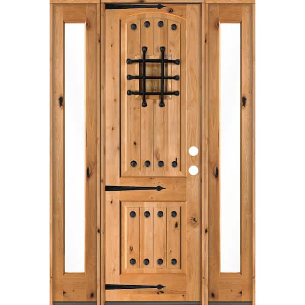Krosswood Doors 76 in. x 96 in. Mediterranean Knotty Alder Left-Hand/Inswing Clear Glass Clear Stain Wood Prehung Front Door w/Sidelite