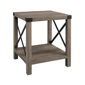 Urban Industrial 18 in. Grey Wash Square Metal X Accent Side Table with Lower Shelf
