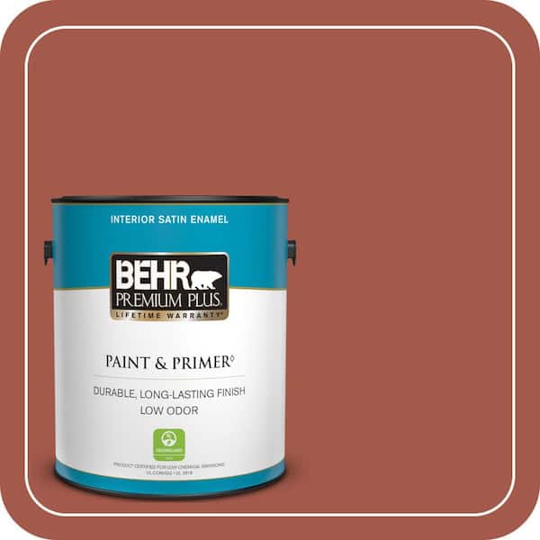 BEHR PREMIUM PLUS 1 gal. #PPU2-15 Cajun Red Satin Enamel Low Odor Interior Paint & Primer