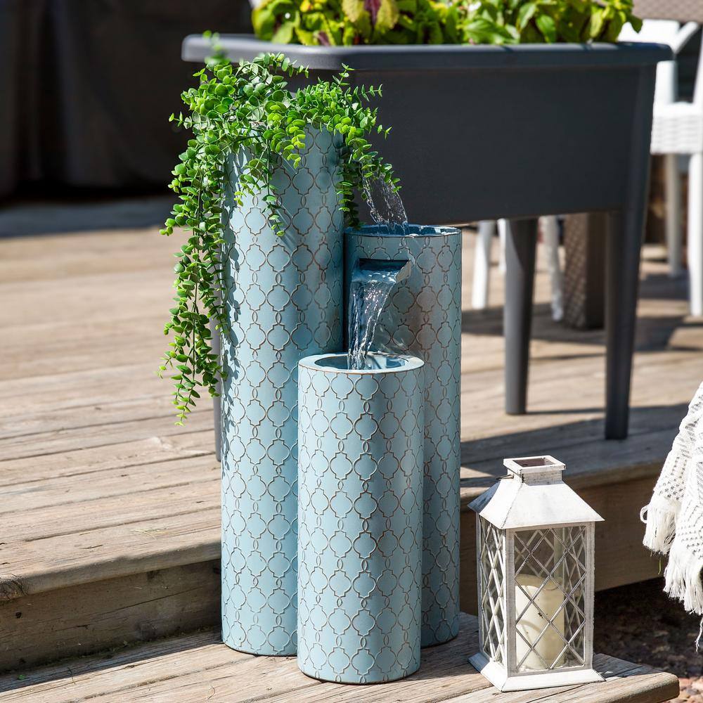 Moroccan Trellis Blue Zinc 3-Column Outdoor Water Fountain