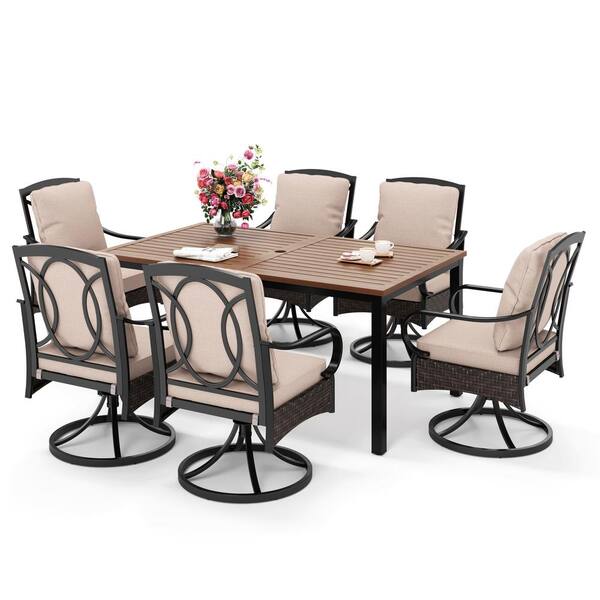 PHI VILLA 7Piece Metal Outdoor Dining Set with Brown Rectangular Table