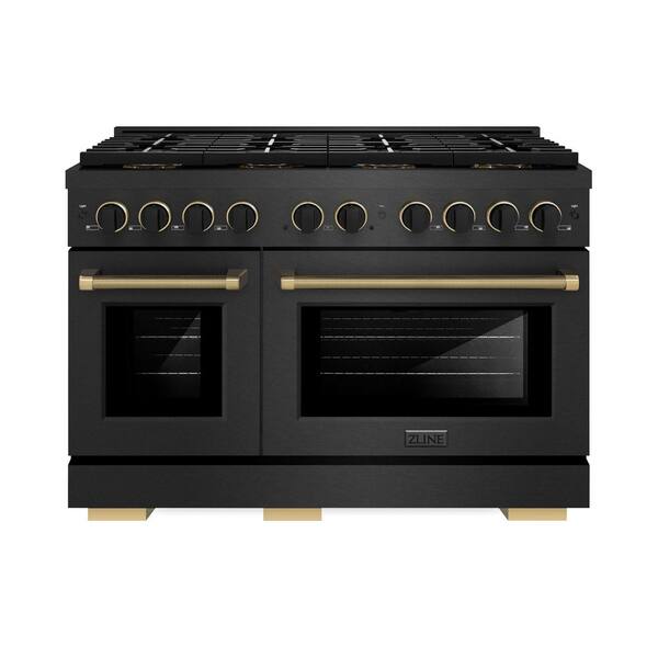 Designer 48 in. 6.7 cu. ft. Gas Range with 8 Burner DuoPro Cooktop in Black Satin with Matte Black and Champagne Accents