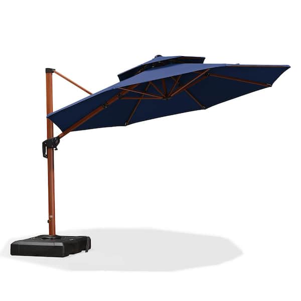 PURPLE LEAF 11 ft. Sunbrella Aluminum Octagon 360° Rotation Wood Pattern Cantilever Patio Umbrella With Base Plate, Navy Blue