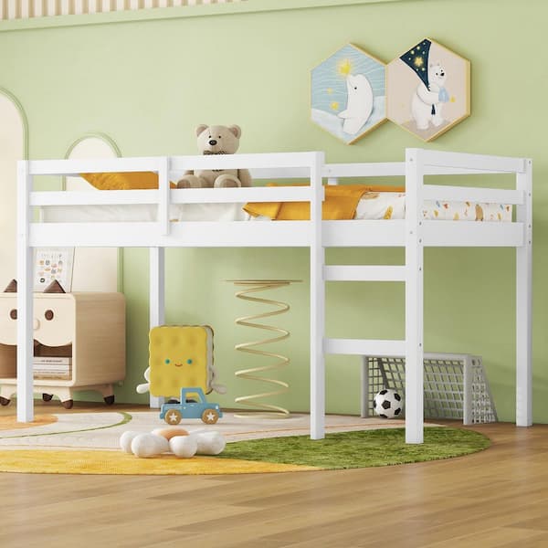 Tilda White Twin Size Low Loft Bed with Ladder