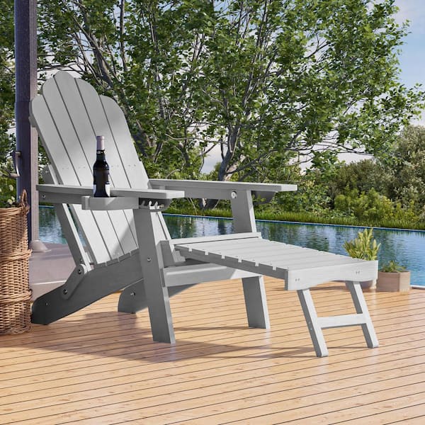 Light Gray Folding Adirondack Chair with Retractable Ottoman, HIPS Adirondack Chair with Cup Holder (Set of 1)