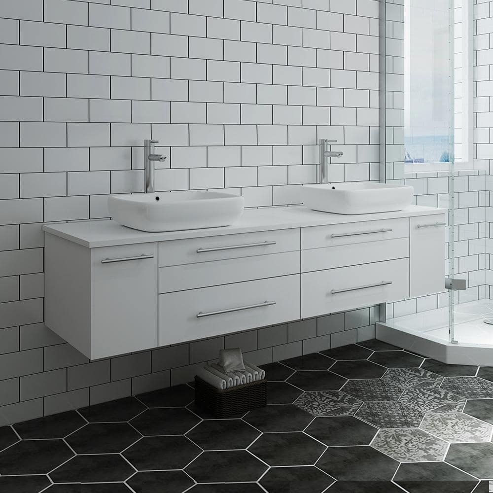 Elegant 72" White Quartz Top Double Vessel Sink Wall-Mount Vanity