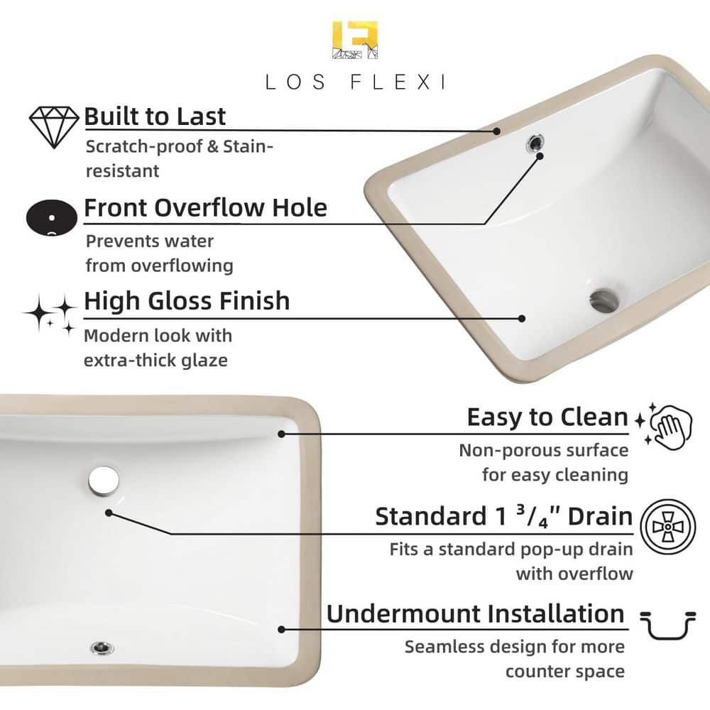 21" White Glossy Ceramic Rectangular Undermount Bathroom Sink