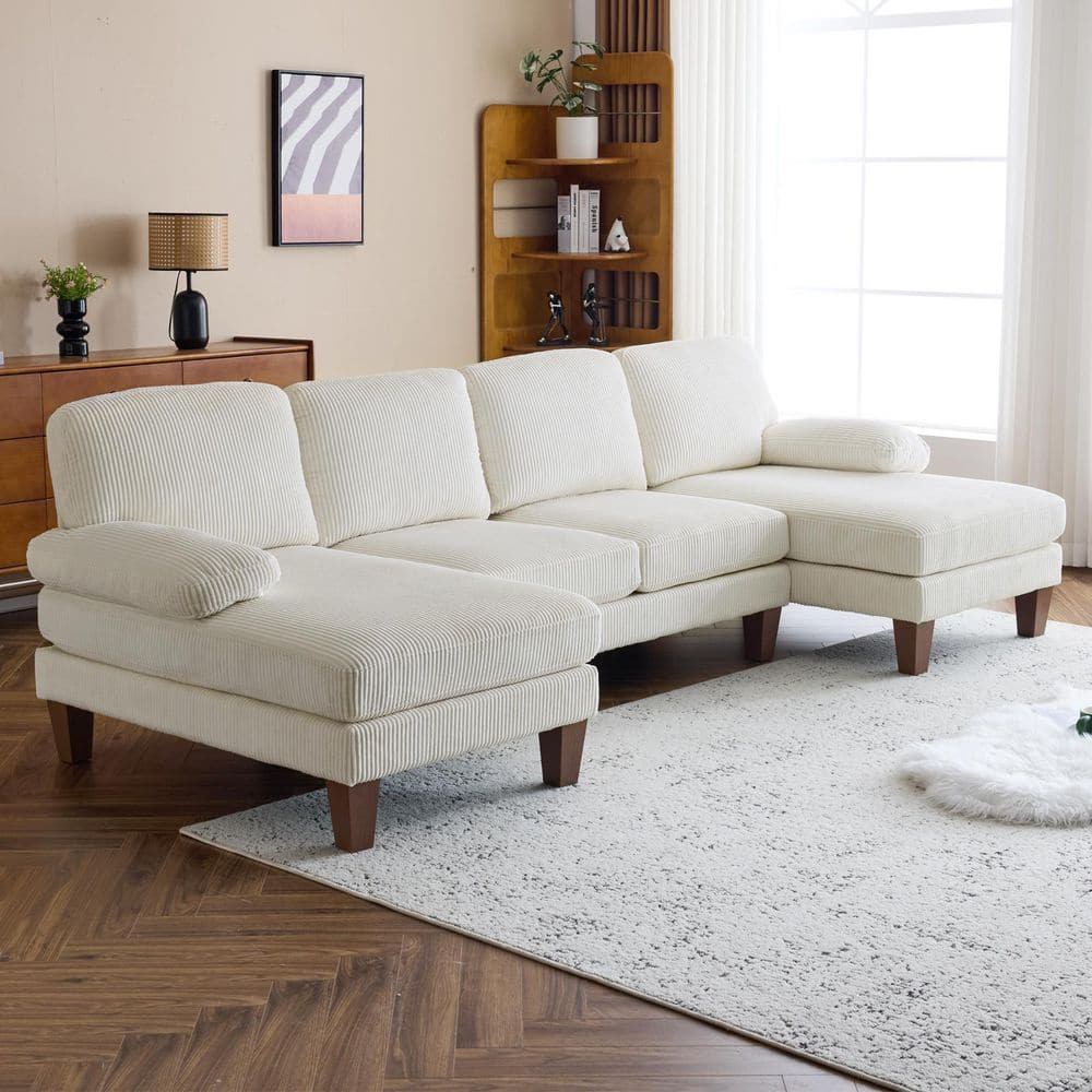 111 in. Pillow Top Arm 3-Piece U-Shaped Corduroy Modern Sectional Sofa in Off-White price history on PriceWatchPro