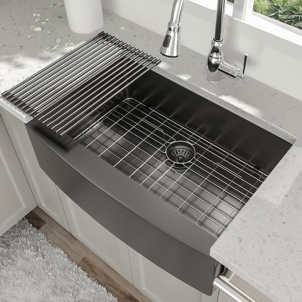 30 in. Farmhouse Single Bowl 16-Gauge Gunmetal Black Stainless Steel Kitchen Sink with Bottom Grids