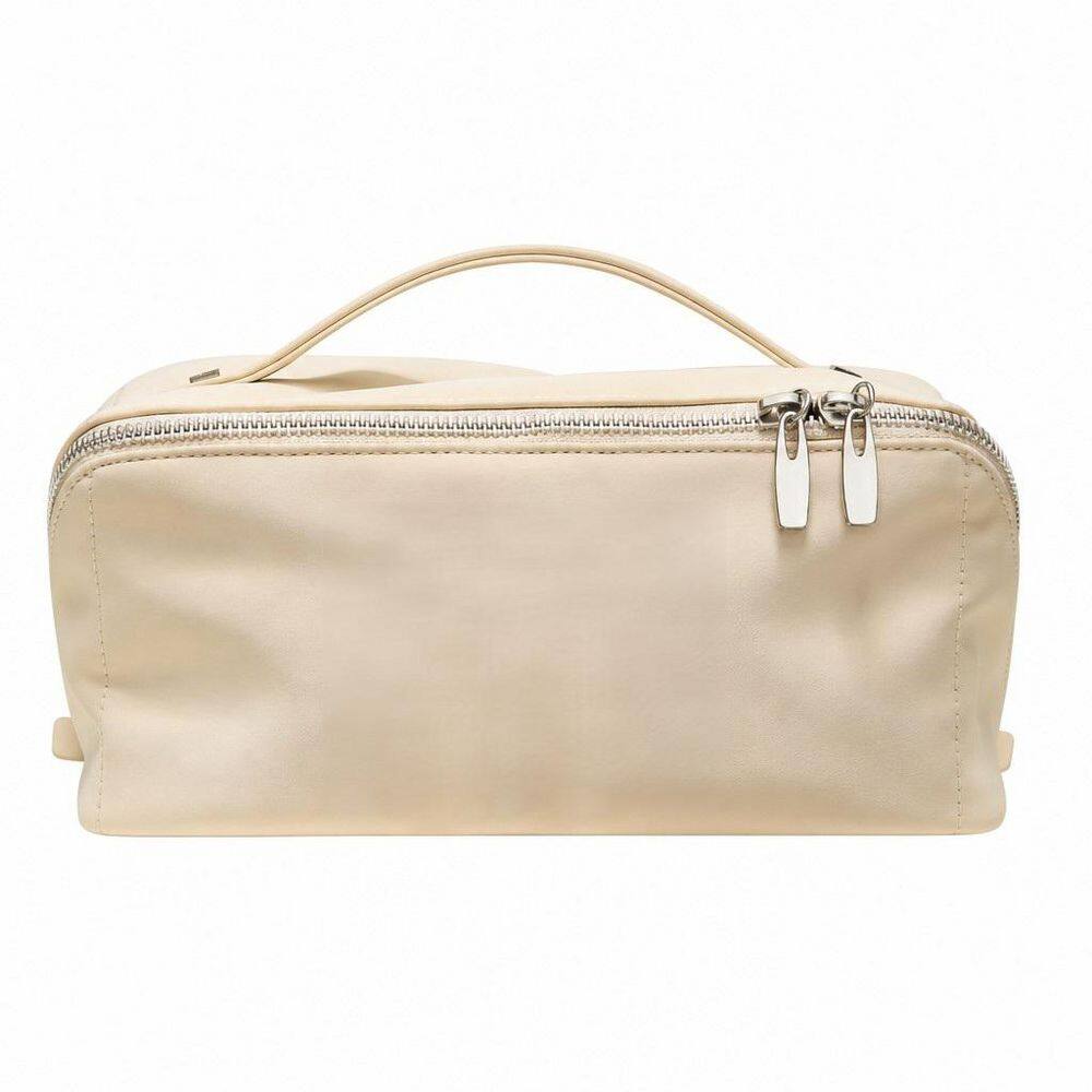 Travel Makeup Bag in AO-Beige, Large Capacity Cosmetic Bag, Waterproof PU Leather, Flat Open Portable Toiletry Bag