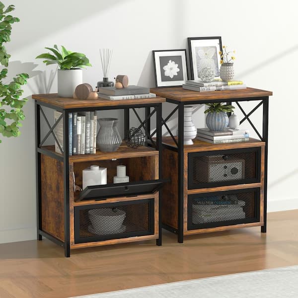 VECELO 2-Pieces Brown NightStand & End Side Table w/ Storage Space