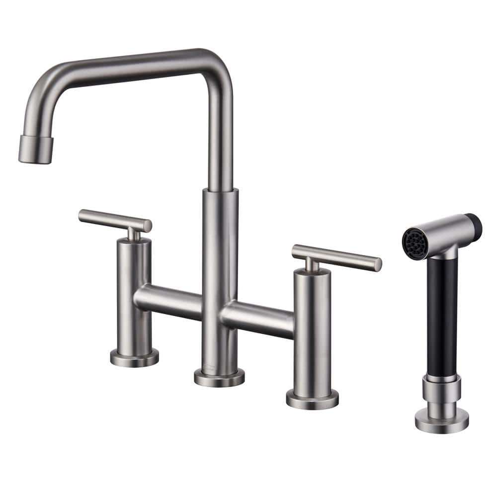 Double Handle 360 Degrees Rotation Bridge Kitchen Faucet with Pull-Out Side