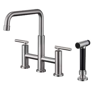 Double Handle 360 Degrees Rotation Bridge Kitchen Faucet with Pull-Out Side Sprayer, Ceramic Cartridge in Brushed Nickel