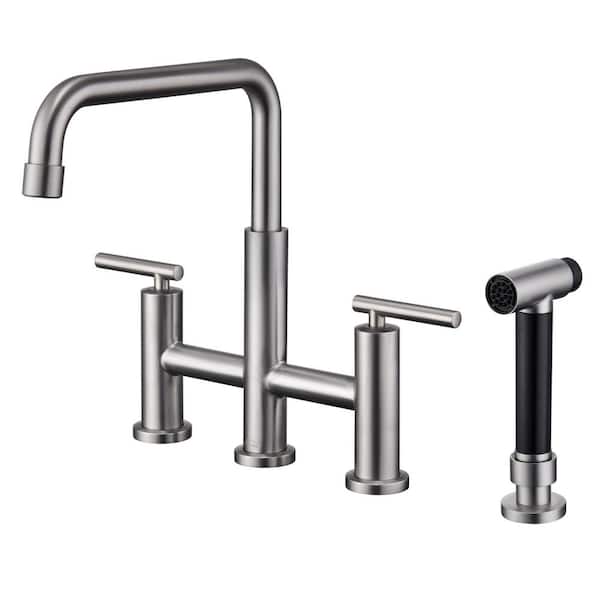 Boyel Living Double Handle 360 Degrees Rotation Bridge Kitchen Faucet with Pull-Out Side Sprayer, Ceramic Cartridge in Brushed Nickel