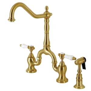 Bel-Air Double-Handle Deck Mount Bridge Kitchen Faucet with Brass Sprayer in Brushed Brass