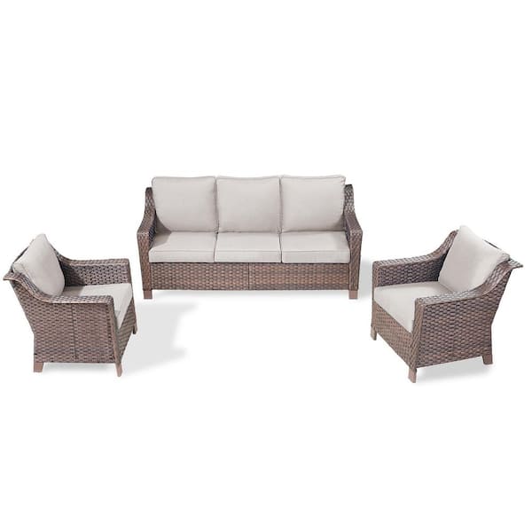 SlideArm Brown 3-Piece Wicker Armchairs Patio Conversation Set, Outdoor Sofa Seating Set with Olefin Beige Cushions