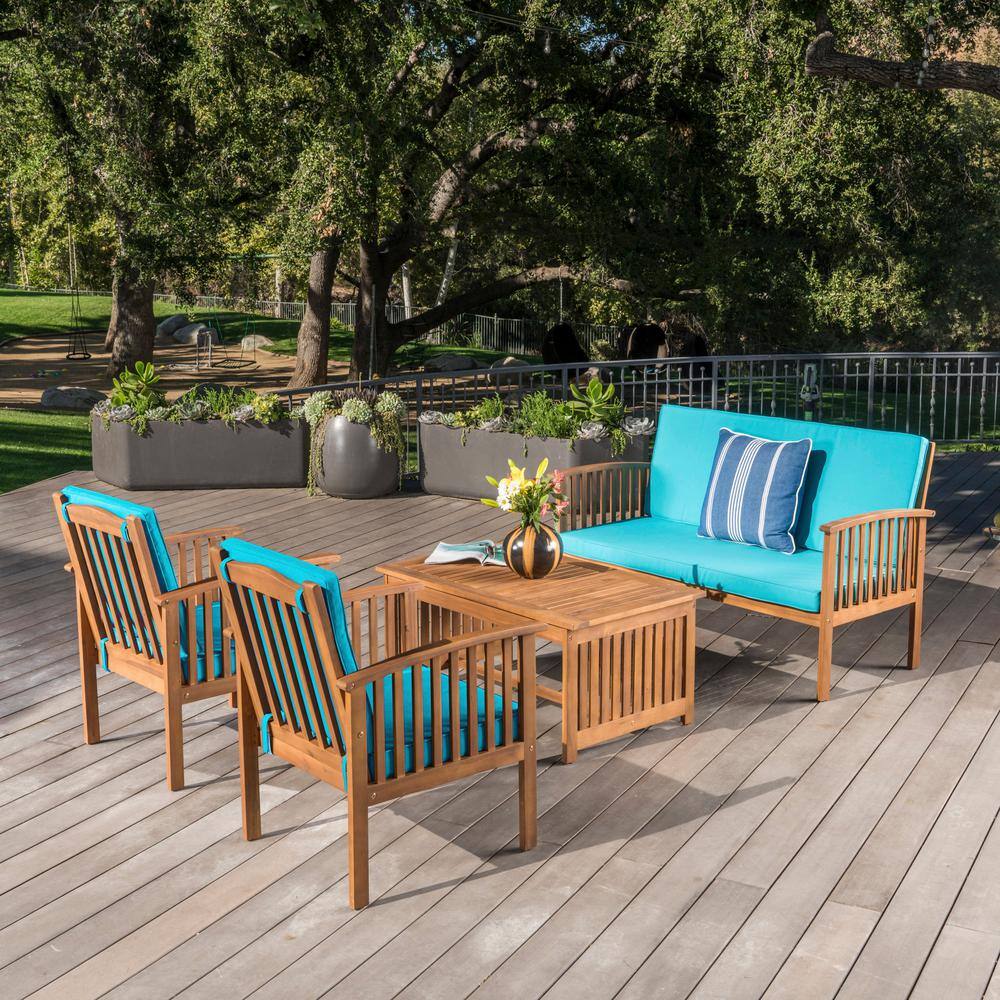 4-Piece Acacia Wood Outdoor Sectional Set with Water Resistant Blue Cushion
