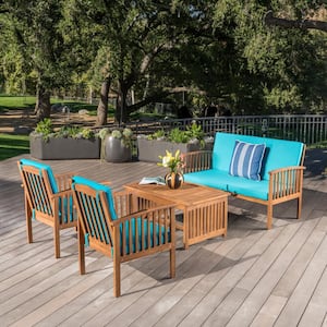 4-Piece Acacia Wood Outdoor Sectional Set with Water Resistant Blue Cushions, Coffee Table, Brown for Porch, Backyard