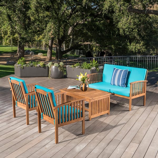Unbranded 4-Piece Acacia Wood Outdoor Sectional Set with Water Resistant Blue Cushions, Coffee Table, Brown for Porch, Backyard