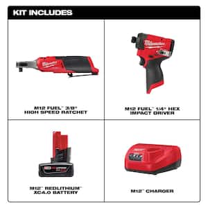 M12 FUEL 12V Lithium-Ion Brushless Cordless 3/8 in. Ratchet & M12 FUEL 1/4 in. Hex Impact Driver w/Battery & Charger