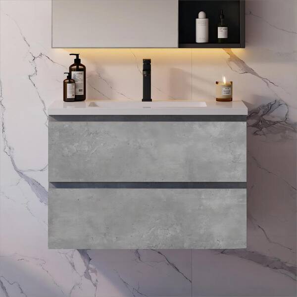 Abruzzo EDI 30 in. W x 18.7 in. D x 19.7 in. H Wall Mounted Floating Bathroom Vanity in Cement Gray with White Solid Surface Top