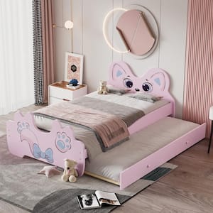 Pink Wood Frame Twin Size Platform Bed with Cartoon Decorations, Twin Size Trundle