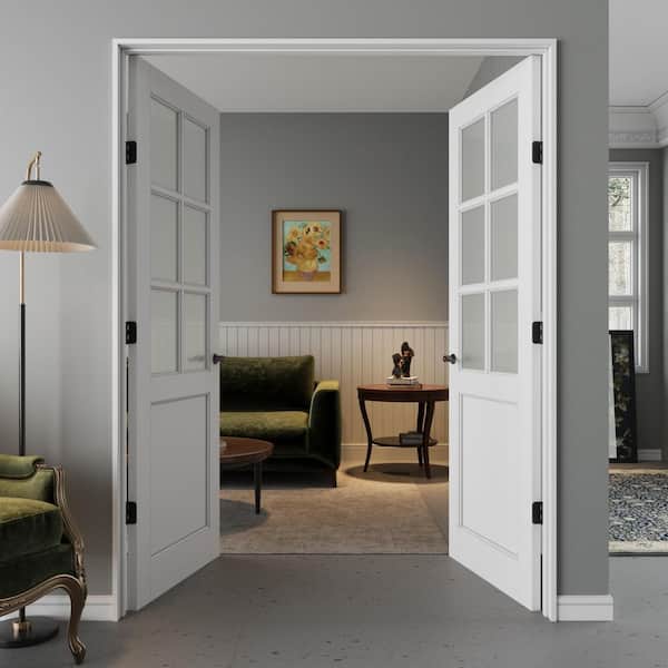 64 in. x 80 in. 6-Lite Frosted Glass Universe White Solid Core Wood Double Prehung French Door with Quick Assemble Jamb