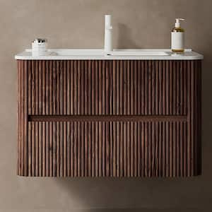 29.92 in. W x 18.31 in. D x 20.4 in. H Single Sink Wall-Mounted Bath Vanity in Deep Walnut with White Ceramic Top