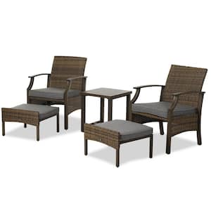 3-Piece Brown Wicker Outdoor Lounge Chair Patio Chairs Set of 2 with Dark Gray Cushions, Ottoman and Coffee Table