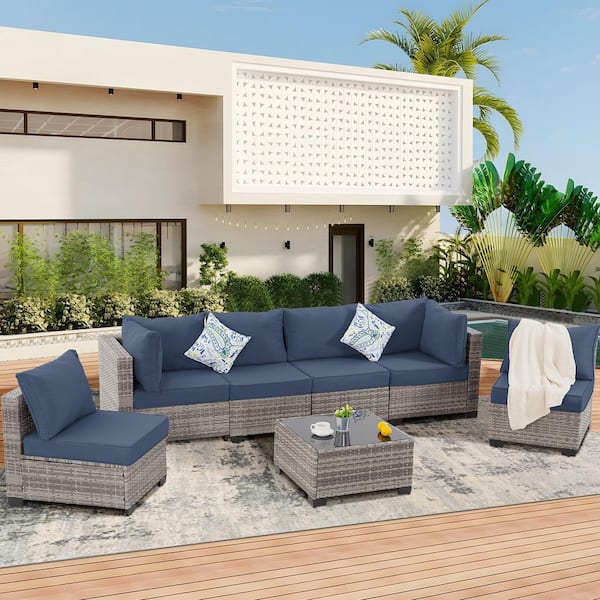 Gray 7-Piece Wicker Outdoor Sectional Set with Cushionguard Navy Blue Cushions, 6-Sofas and 1-Bistro Table