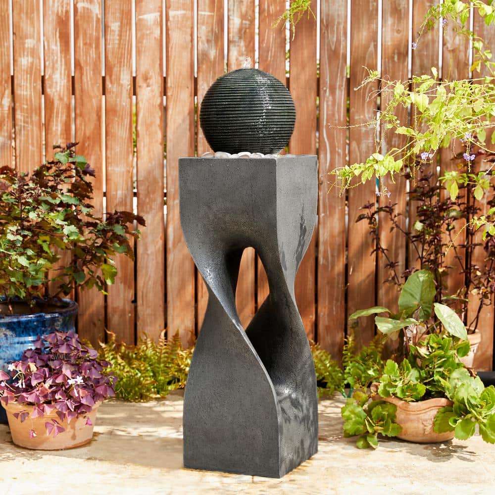 Modern Gray Polyresin Pedestal Fountain with LED Light