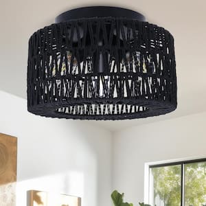 11.8 in.3-Light Black Flush Mount Ceiling Light with Hand-Woven Cage Shade for Hallway Bedroom