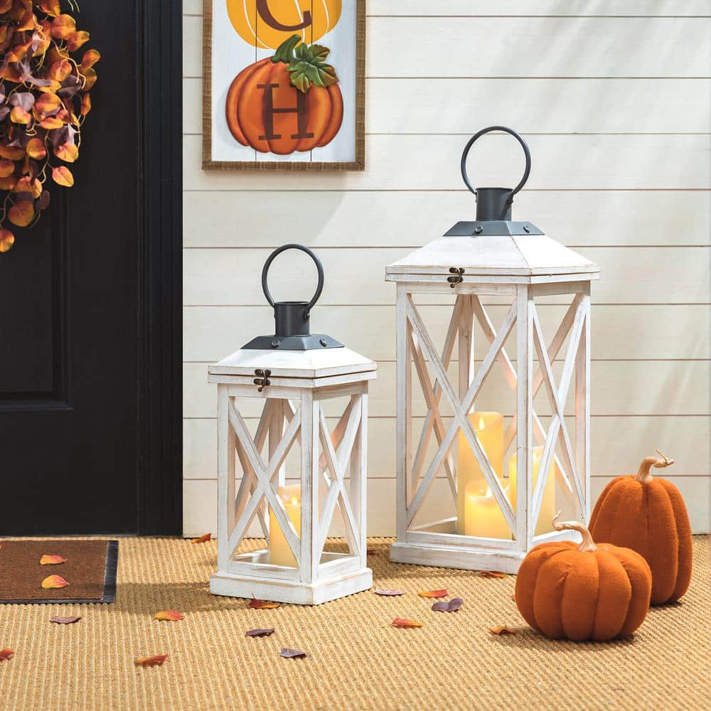 Set of 2 White Wooden Tabletop Candle Lanterns with Metal Top