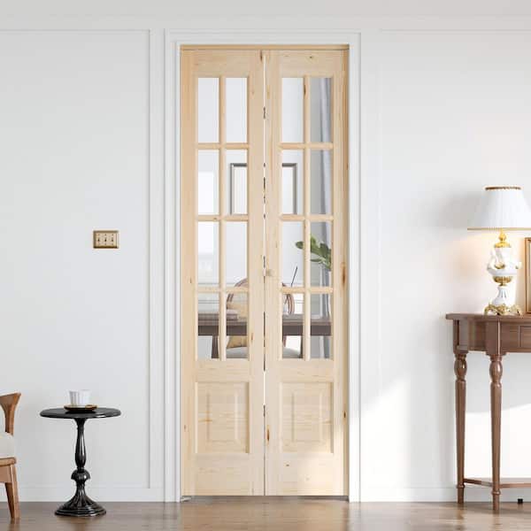 30 in. x 80 in. 3/4 Lite Preassembled Clear Glass Solid Core Wood Spruce Bi-Fold French Door with Hardware