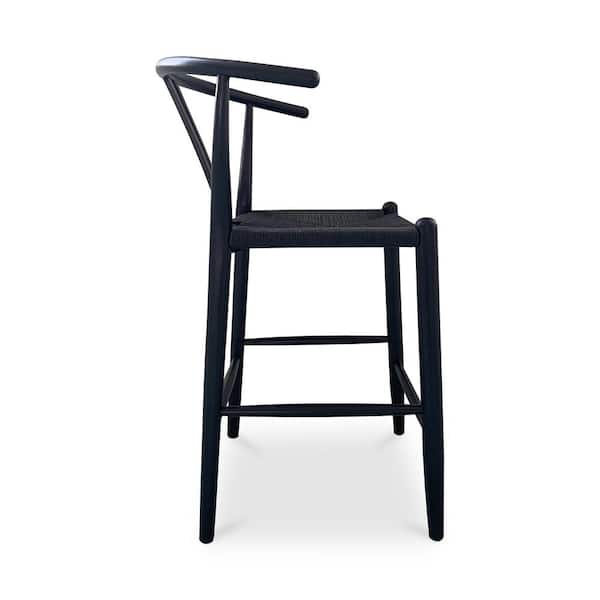 Hayden 26 in. Black Scandinavian Elm Wood Counter Stool with Woven Fiber Seat